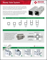 An informational technical sheet for the Ready Tube System, describing it as a lightweight alternative to steel tubular framing with diagrams of profiles, insert kits, and step-by-step assembly instructions.