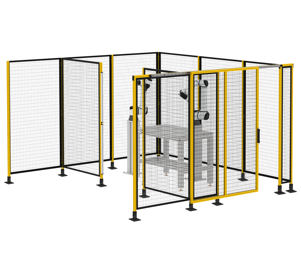 Industrial robot safety enclosure featuring modular machine guarding panels and yellow safety fencing around an automated work cell