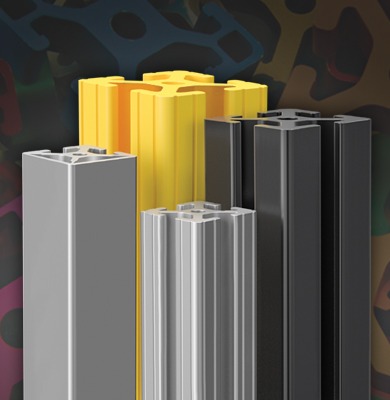 Four upright T-slot aluminum extrusion profiles displaying different metal finishing options, including clear anodized, black anodized, and a vibrant yellow powder coating. A variety of colorful, cross-sectional profiles are blurred in the background to s