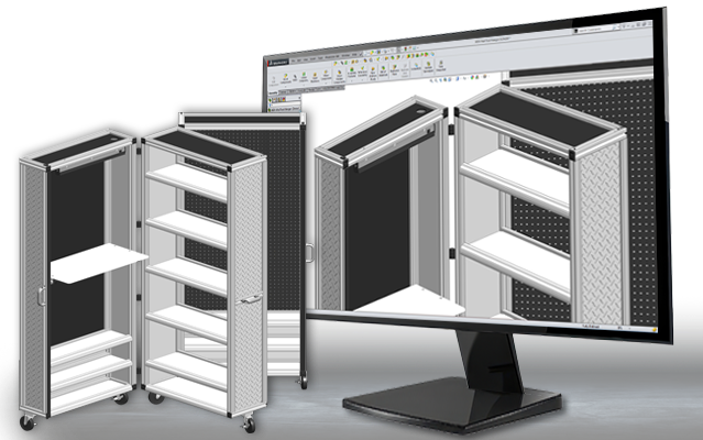 A complex 3D CAD model of an industrial T-slot aluminum structure on a computer screen. In the foreground, a scale physical model of a modular workstation sits on a desk, representing the transition from digital design 
