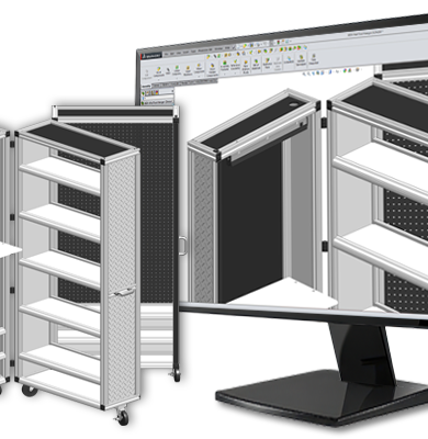 A complex 3D CAD model of an industrial T-slot aluminum structure on a computer screen. In the foreground, a scale physical model of a modular workstation sits on a desk, representing the transition from digital design 