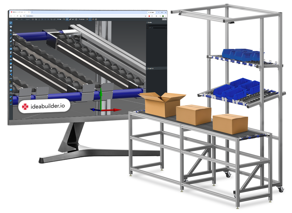 Computer monitor displaying IdeaBuilder.io CAD software with a 3D roller track model. Beside it, a built 80/20 T-slot aluminum gravity flow rack with blue bins and a conveyor line carrying cardboard boxes.