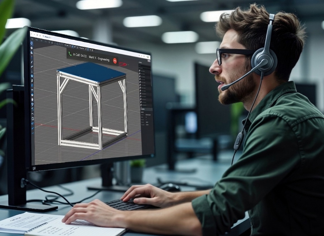 An 80/20 design engineer wearing a headset and spectacles works at a computer station in a modern office. The screen displays a complex 3D CAD model of a T-slot aluminum frame assembly.