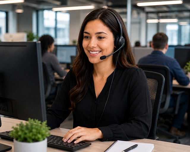 8020 Customer service representative wearing a headset and assisting clients from a modern office workspace, delivering responsive support and customer care.