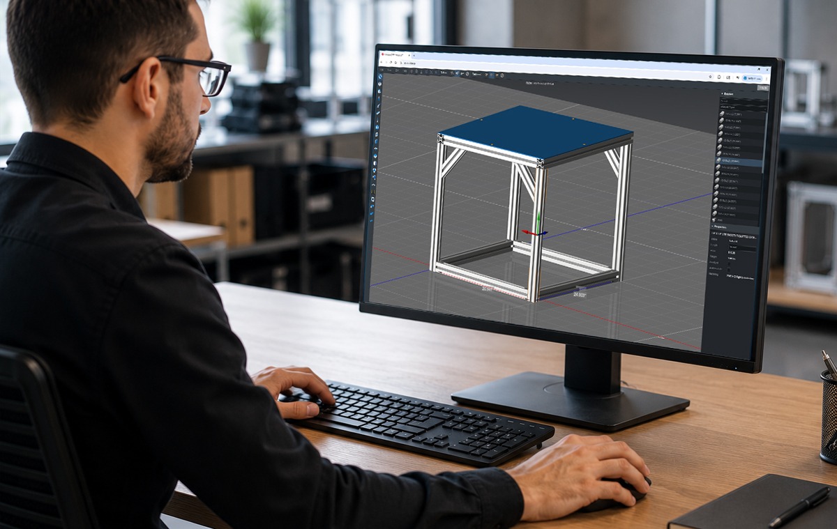 Engineer using CAD software to design a custom 80/20 T-slot aluminum workstation, showcasing professional design services for modular industrial workstations, machine frames, and automation systems.