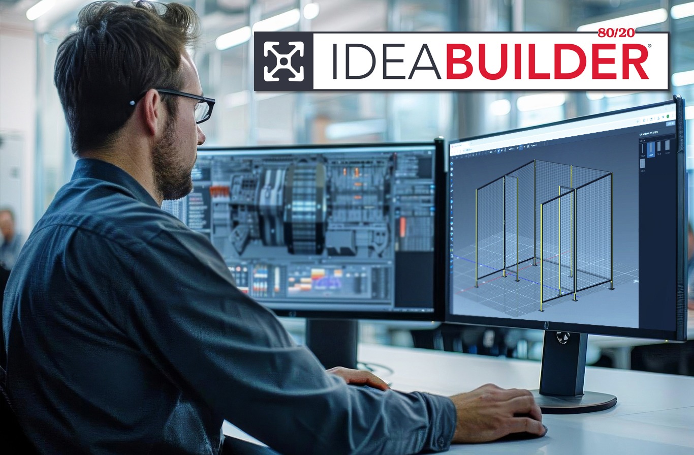 Engineer using 80/20 IdeaBuilder design software to create a modular aluminum T-slot safety enclosure on a computer workstation.