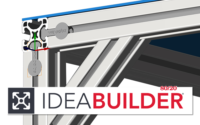80/20 IdeaBuilder software showing a CAD-style aluminum T-slot frame design with structural connections and profile details.