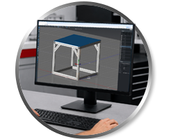 80/20 Design Support for T-Slot Aluminum Projects 80/20 design support showing a 3D CAD model of a custom T-slot aluminum frame on a computer screen.