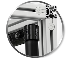 80/20 Premium T-Slot Aluminum Extrusion Components Close-up of 80/20 T-slot aluminum extrusion framing with modular connectors and components for custom industrial structures.
