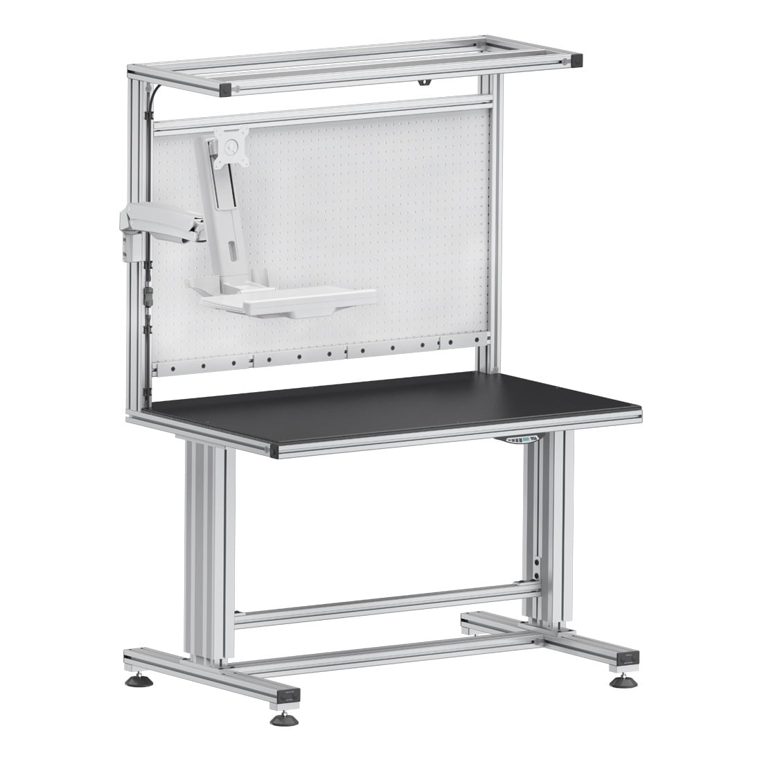 A standalone industrial workstation constructed from silver 80/20 T-slot aluminum profiles. It features a black worksurface, a white pegboard back panel, an overhead lighting frame, and an adjustable white monitor arm with a keyboard tray on a sturdy leg 