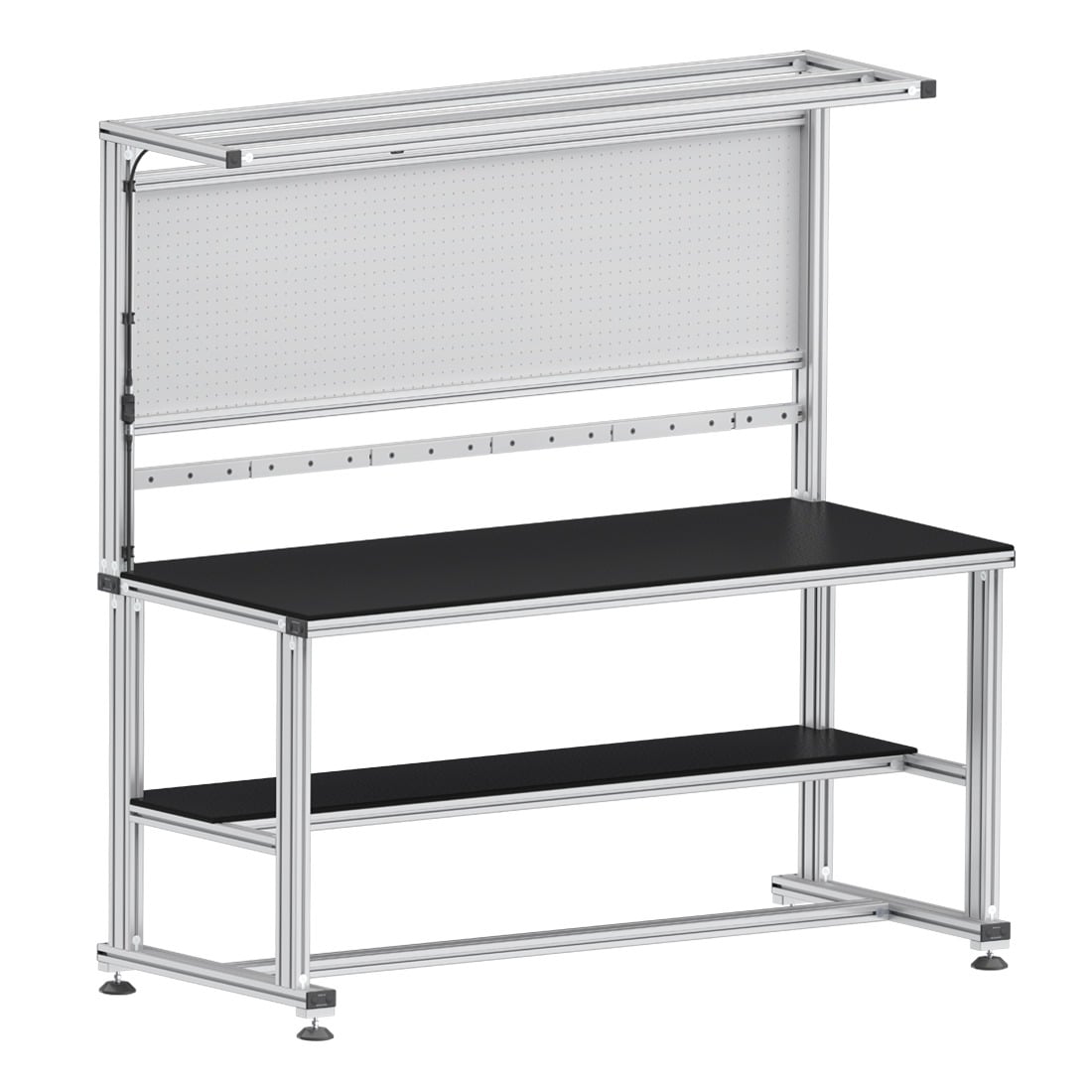A standalone industrial workstation constructed from silver 80/20 T-slot aluminum profiles. It features a black worksurface, a white pegboard back panel, an overhead lighting frame, and an adjustable white monitor arm with a keyboard tray on a sturdy leg 