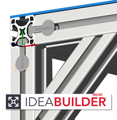 80/20 IdeaBuilder software showing a CAD-style aluminum T-slot frame design with structural connections and profile details.
