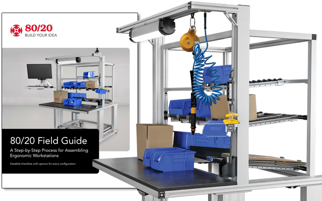 Front cover of the 80/20 Solutions Field Guide featuring a diverse collection of T-slot aluminum extrusions, fasteners, and modular assembly components.
