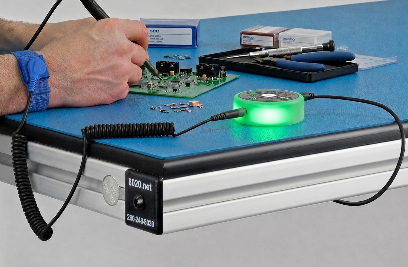 Continuous ESD Monitoring and Grounding on 80/20 Industrial Workstation Technician soldering a PCB at an 80/20 T-slot aluminum workstation. The setup features a blue anti-static mat, an illuminated green Desco mini monitor for continuous grounding verification, and a coiled ESD wrist strap connected to a specialized framing g