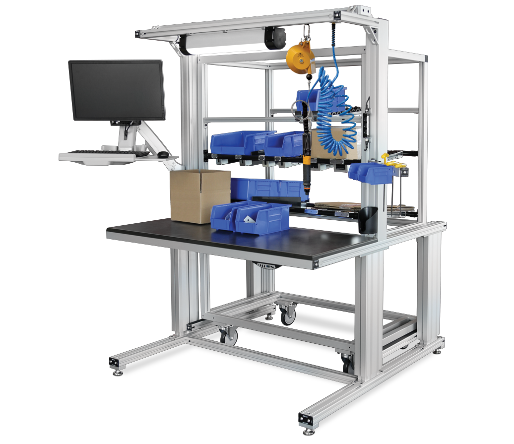 T-slot aluminum workstation with integrated tool balancer, shelving, bins, and monitor arm for efficient assembly line workflow