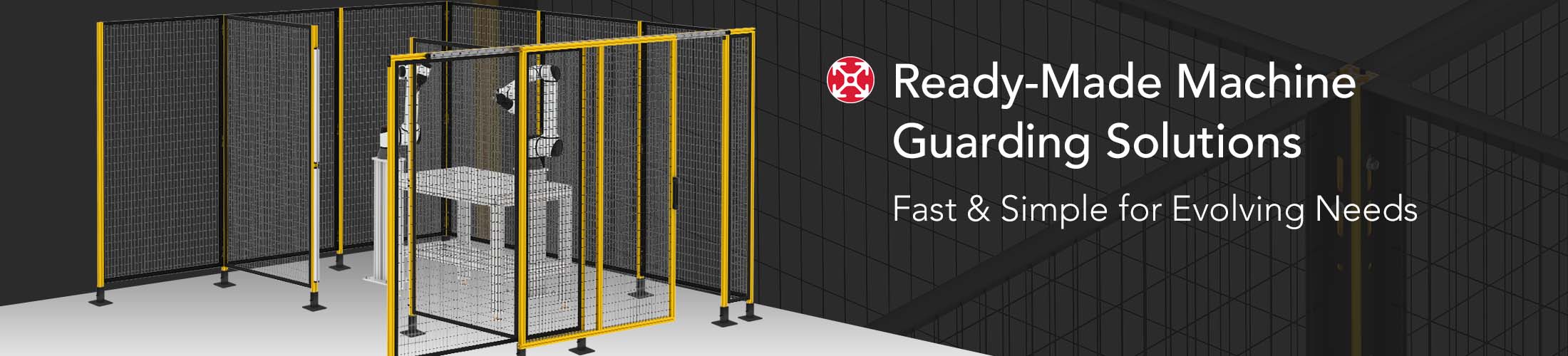 Ready-made machine guarding system featuring modular safety fencing and access doors for industrial automation environments.