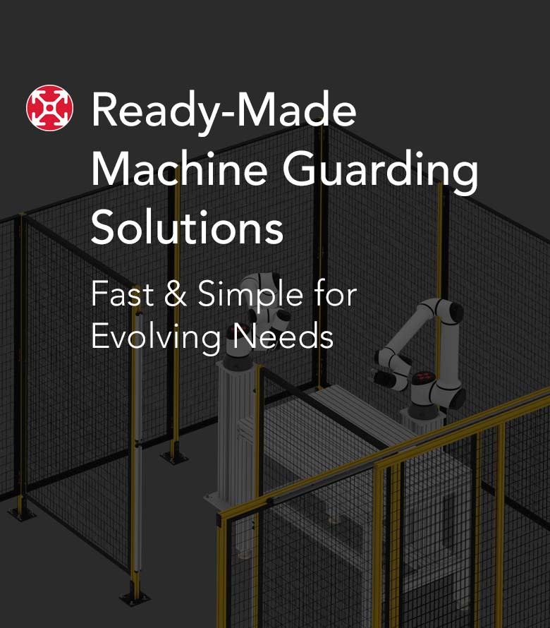 Ready-made machine guarding system featuring modular safety fencing and access doors for industrial automation environments.