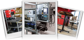 Collage of industrial equipment and office furniture by 80/20, showing storage solutions, an automated machine, and a modern desk setup.