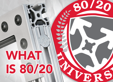 Informational graphic explaining '80/20 University' with a mechanical part and a red academic emblem.
