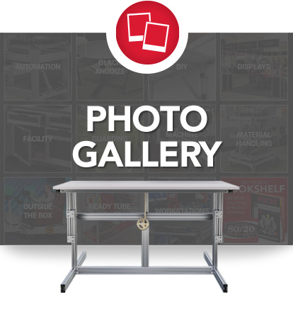 Photo gallery icon above a workbench, with 'PHOTO GALLERY' text, against a backdrop of word cloud.