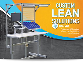 Promotional graphic for Custom Lean Solutions by 80/20 featuring a modular workstation with an adjustable panel, computer monitor, and solar panel on a white table.