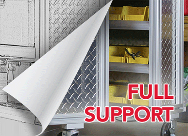 Graphic showing a page peel revealing a shelving unit with the words 'FULL SUPPORT' in bold red letters.