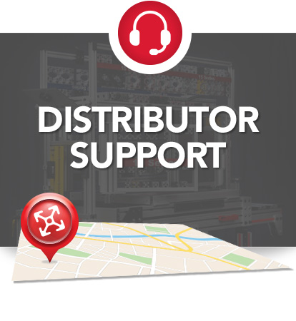 Customer service icon for 'DISTRIBUTOR SUPPORT' above a map with location pin.