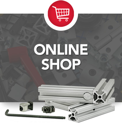 Online shop graphic with a cart icon and modular aluminum extrusions.
