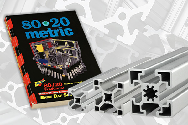 80/20 metric catalog cover next to an array of aluminum extrusion profiles.