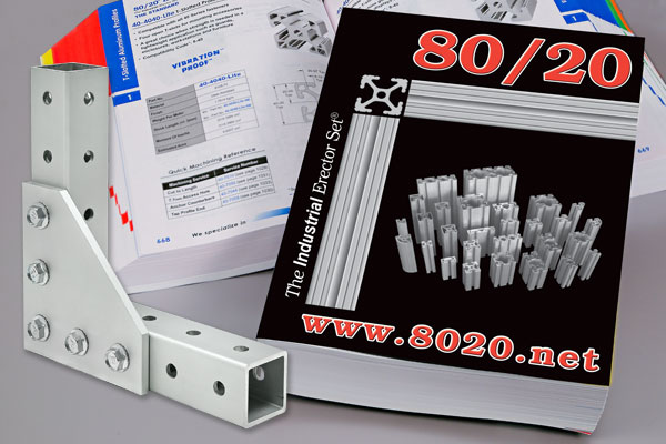 A collection of 80/20 Inc. catalogs and product samples, featuring aluminum extrusion parts.