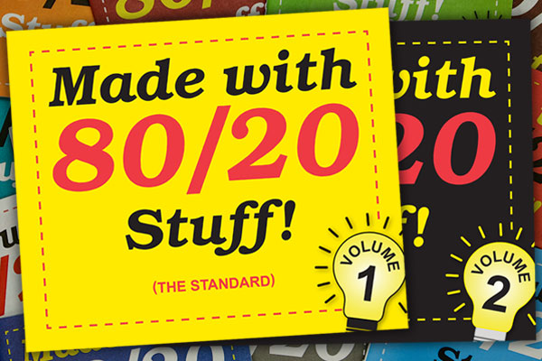 Colorful promotional graphics with text 'Made with 80/20 Stuff' and light bulb icons indicating Volume 1 and Volume 2.