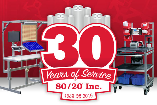 Celebratory graphic for '30 Years of Service' by 80/20 Inc., featuring aluminum framing systems and the dates 1989 to 2019.