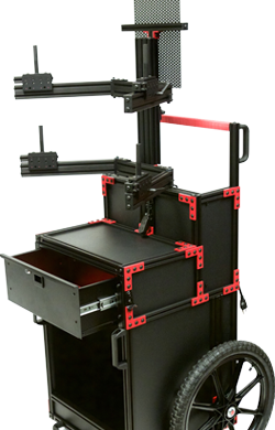 Custom mobile cart made with black aluminum extrusions and red corner brackets, equipped with various mounts and a storage drawer.
