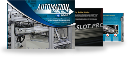 Promotional material for '80/20 Automation Solutions' featuring images of industrial automation equipment and T-slot profiles.