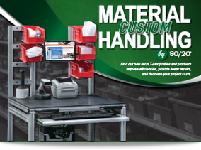 Advertisement for Material Custom Handling by 80/20, featuring a modular aluminum workbench with tool holders and an industrial task light.