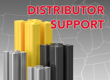Stack of yellow and gray cylindrical objects with 'DISTRIBUTOR SUPPORT' text overlay and a map outline in the background.