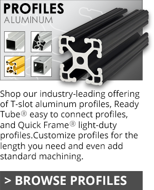 Promotional content for T-slot aluminum profiles, with 'BROWSE PROFILES' call-to-action and sample images of the products.