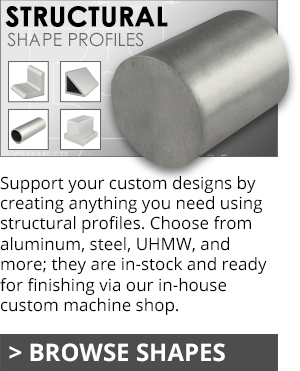 Cylindrical structural profile with 'BROWSE SHAPES' link for custom design support.