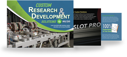 Advertisement for 'Custom Research & Development Solutions by 80/20' with an image of complex machinery.