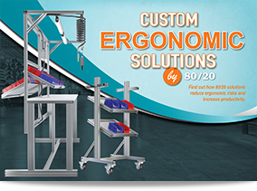Advertisement for Custom Ergonomic Solutions by 80/20, showcasing aluminum framing workstations.