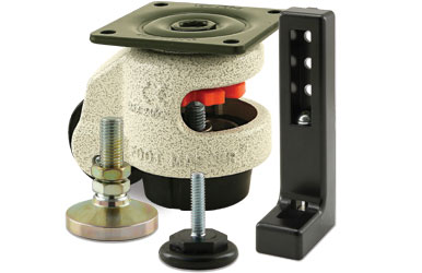 Various industrial components including a textured pivot joint, leveling feet, and a mounting bracket.