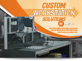 Advertisement for Custom Workstation Solutions by 80/20, featuring an organized workstation with a computer, monitor, and keyboard on a sleek desk.