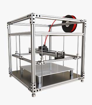 3D printer structure with metal frame, featuring a clear build plate and a red filament spool on top, set against a white background.