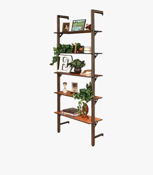 Freestanding bookshelf with a vertical metal frame and wooden shelves, decorated with plants, frames, and books, against a white background.