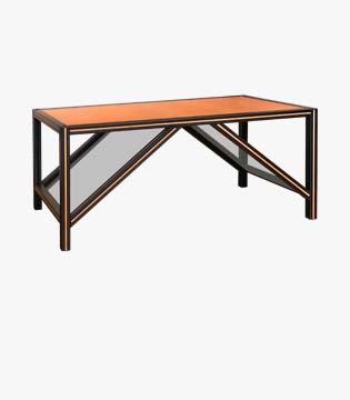 Modern coffee table with a wooden top and a geometric metal base with a bronze finish, presented on a white background.