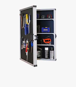 Metal storage cabinet with doors open, revealing an assortment of tools, including screwdrivers, a saw, and spray cans, neatly organized on shelves and a pegboard.