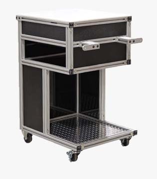 Mobile utility cart with aluminum framing, featuring open shelving, a pull-out drawer, and durable caster wheels, against a white background.