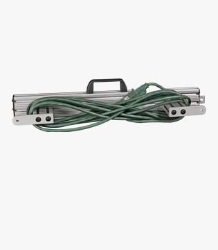 Cord management system featuring a green extension cord neatly coiled and attached to a portable metal caddy with a handle, set against a white background.