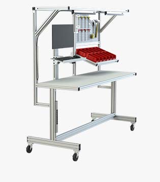 Customizable mobile workstation with aluminum frame, overhead storage bins, a monitor mount, and a lower shelf, set on casters for easy movement.