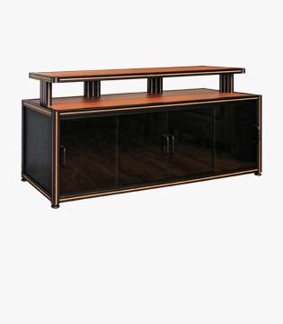 Entertainment center with wooden shelves, dark metal frame, and black glass doors, suitable for media equipment storage.